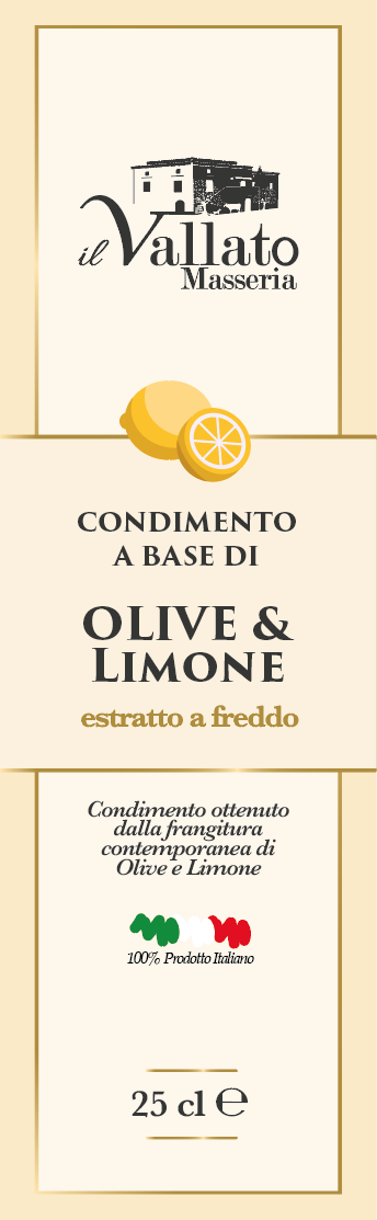 Fronte etichetta condimento olive e limone Etichetta Condimento a base di Olive e Limone da 25 cl
